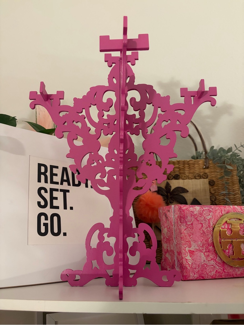 Ornate Hot Pink Wooden Decorative Jewelry Stand